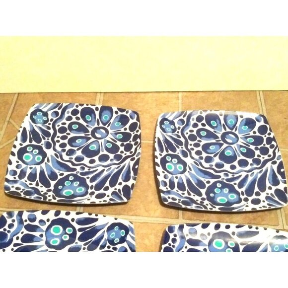 4 Melamine Dinner/appetizer Plates SQUARE blue white delft floral GORGEOUS EUC - Picture 4 of 7